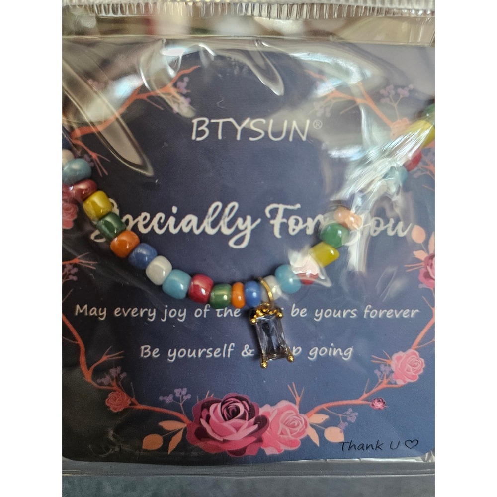 BTYSUN Multicolor Beaded Necklace Rectangle Crystal Pendant Gold Tone Adjustable